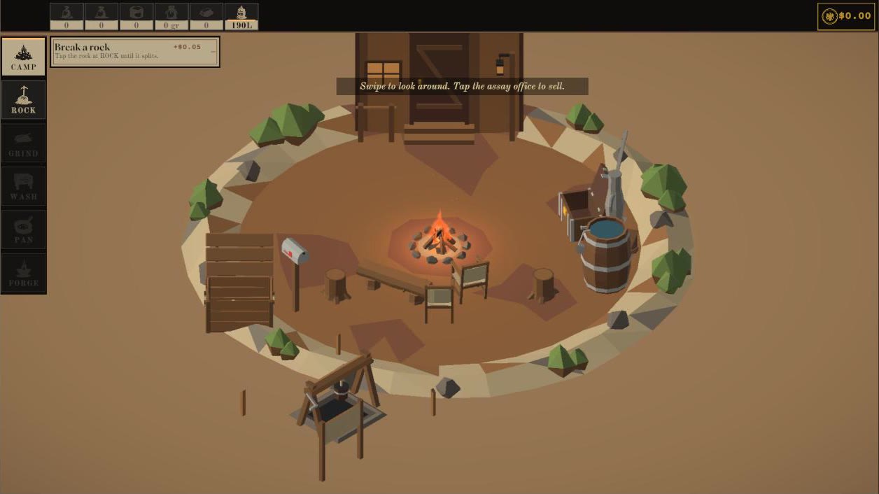 The camp at dusk: the fire, the barrel, the mailbox and the assay office